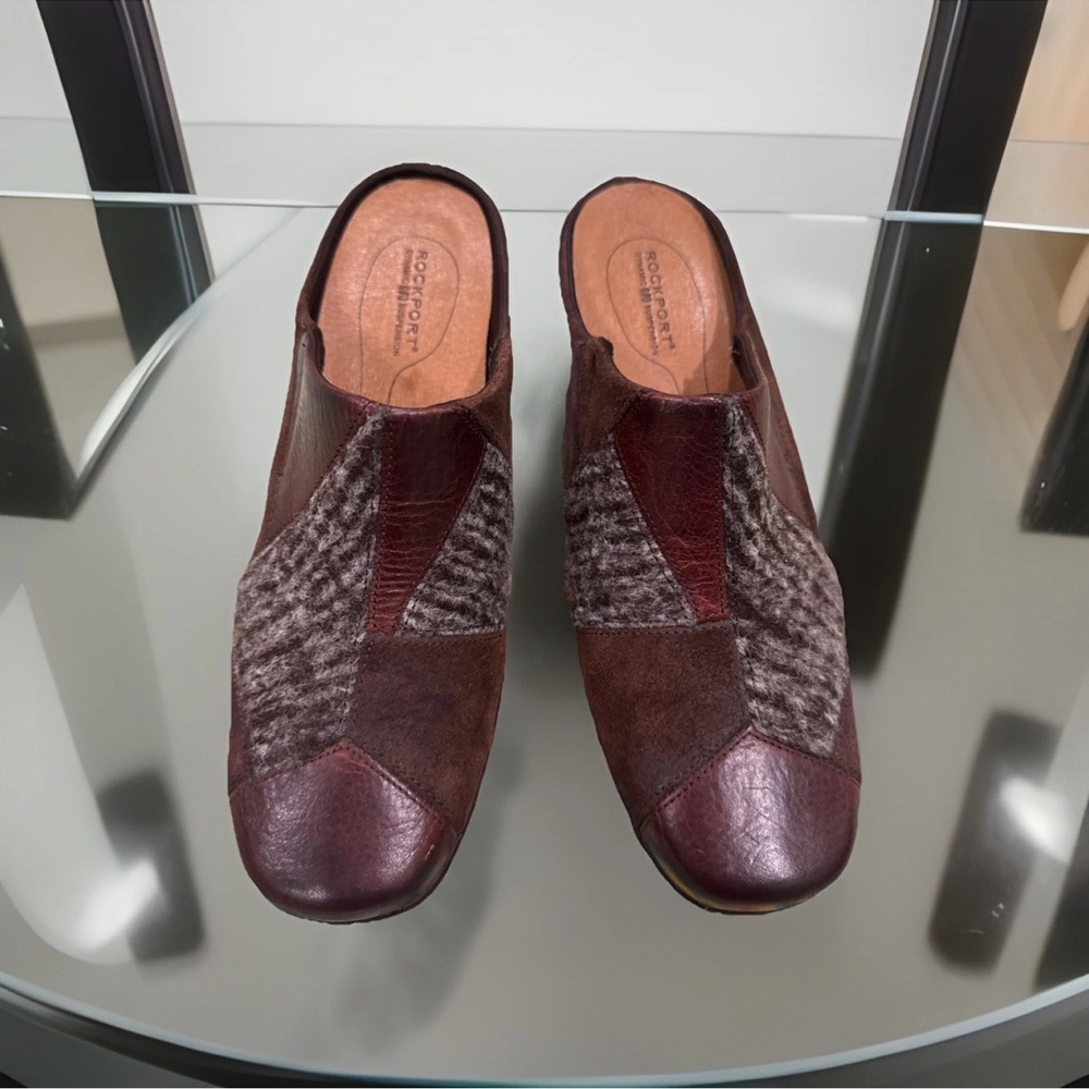 Rockport Women's Patchwork Leather Mules - Burgundy and Brown size 8.5